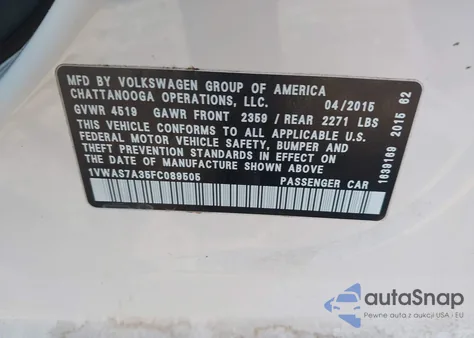 2015 Volkswagen Passat 1.8T Limited Edition из США, поврежденный, VIN 1VWAS7A35FC089505